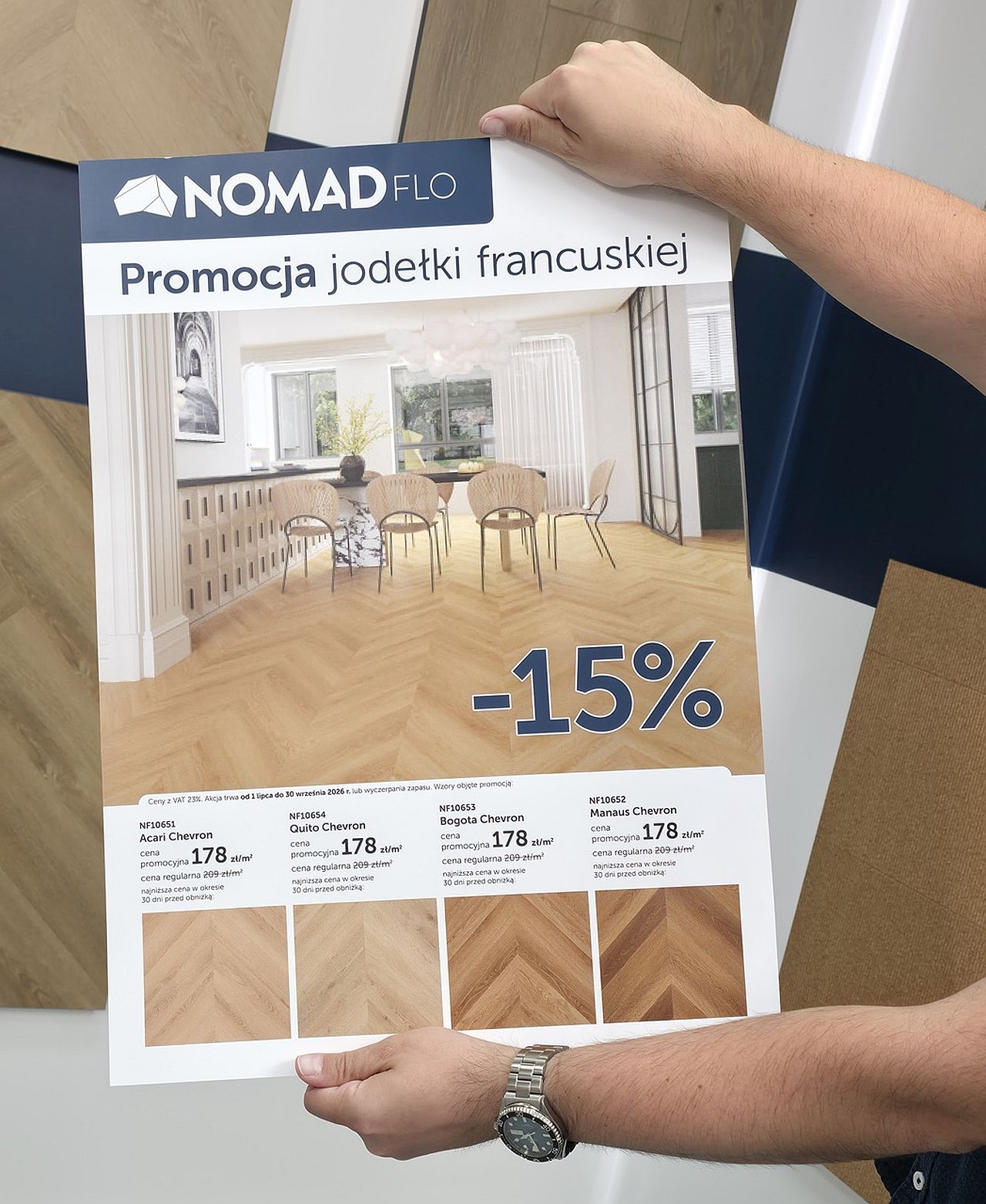 plakat panele winylowe Nomad Flo oferta promocyjna na jodełki francuskie -15 procent